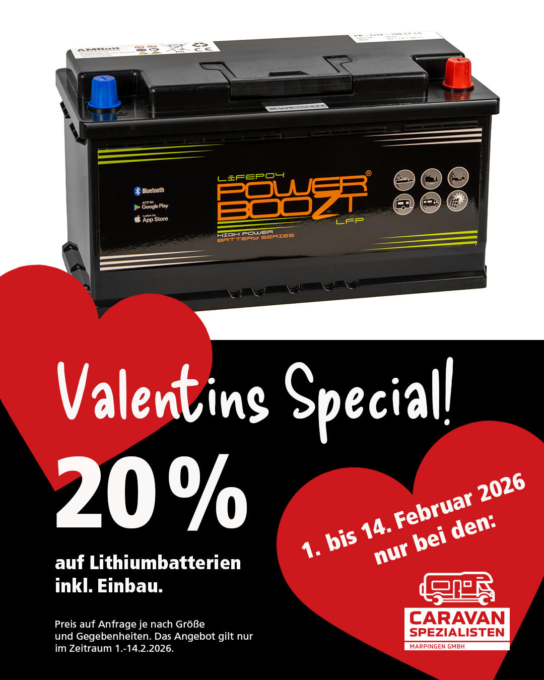 Lithiumbatterie für Caravan mit Valentinstags-Special: 20 Prozent Rabatt inklusive Einbau bei den CaravanSpezialisten